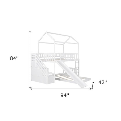 White Twin Over Twin PlayHouse Perpendicular Bunk Bed with Slide