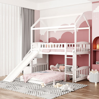 White Twin Over Twin PlayHouse Perpendicular Bunk Bed with Slide