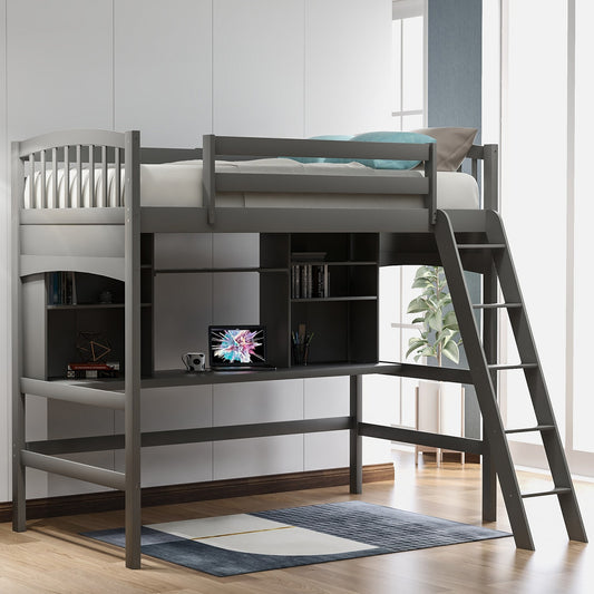 Gray Twin Size Loft Bed with Desk and Shelves