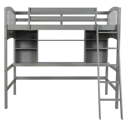 Gray Twin Size Loft Bed with Desk and Shelves