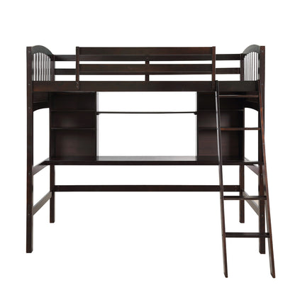 Brown Twin Size Loft Bed with Desk and Shelves