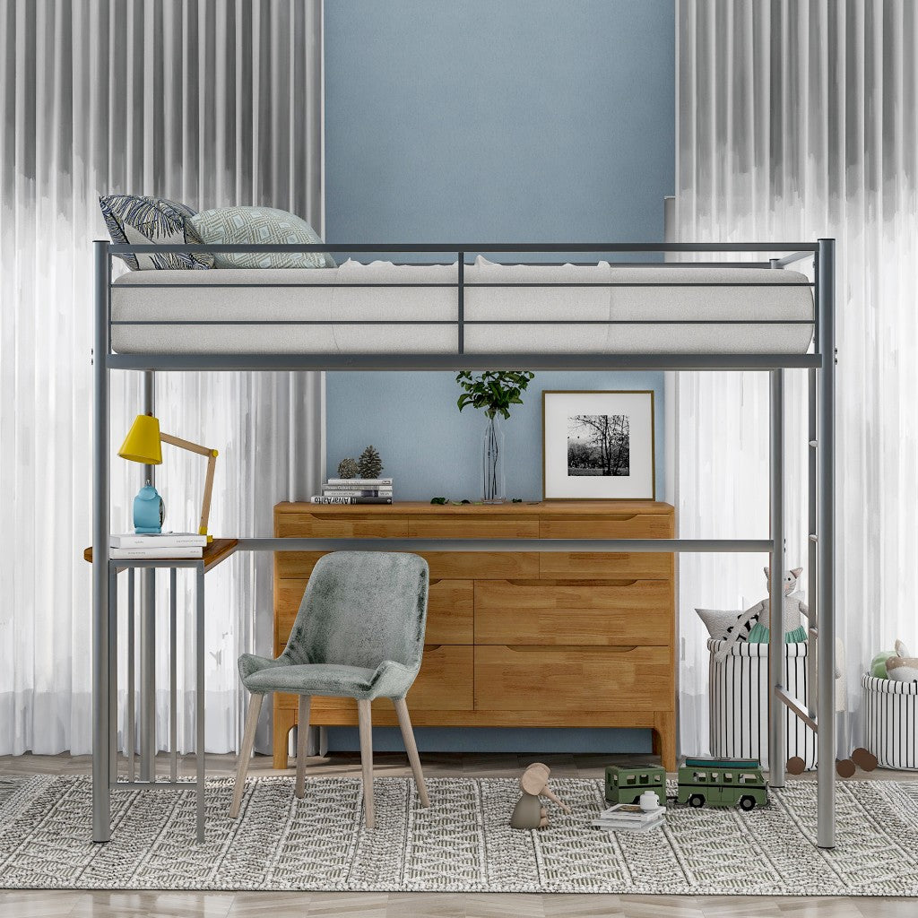 Silver Metal Twin Size Loft Bed with Desk