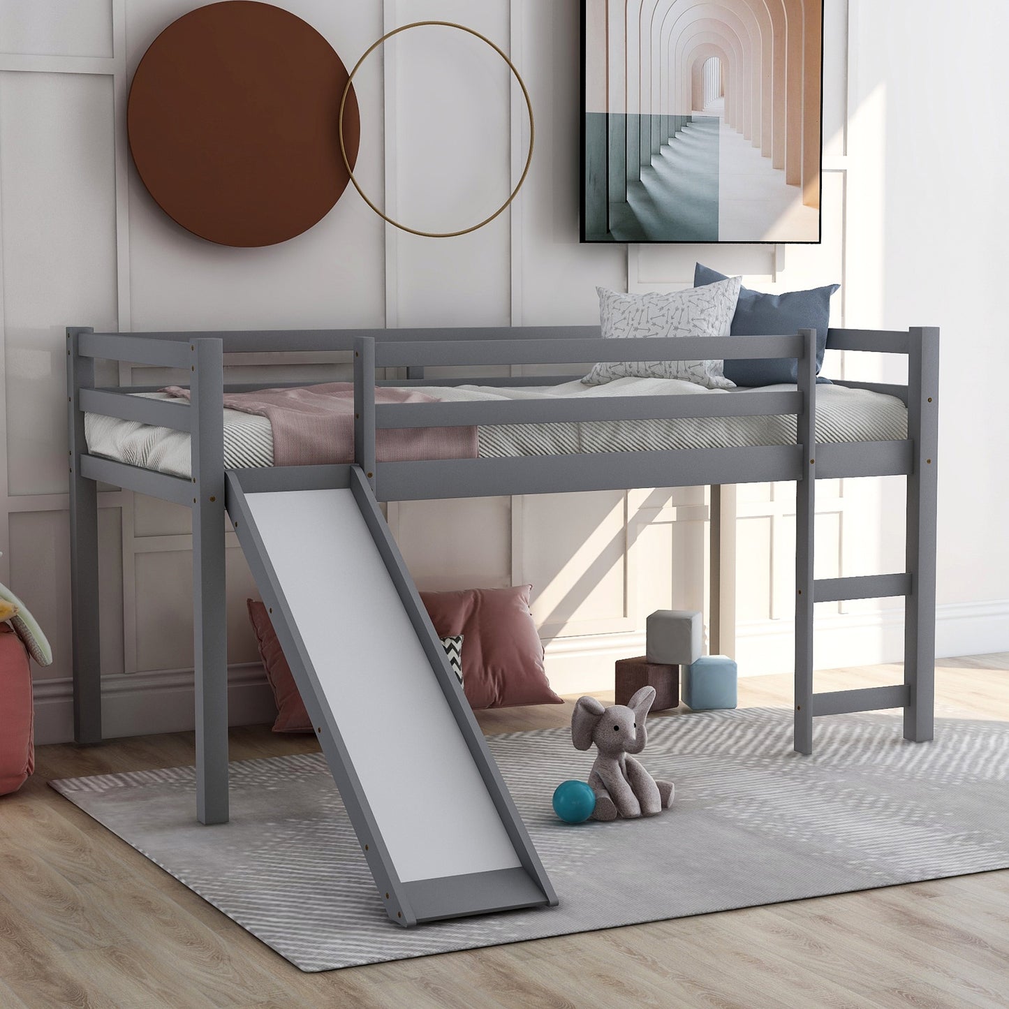 Gray Twin Size Low Loft Bed With Slide