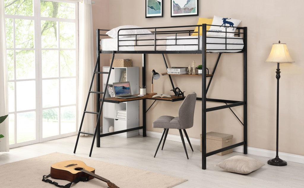 Black Metal Loft Bed with L Shaped Desk and Shelf