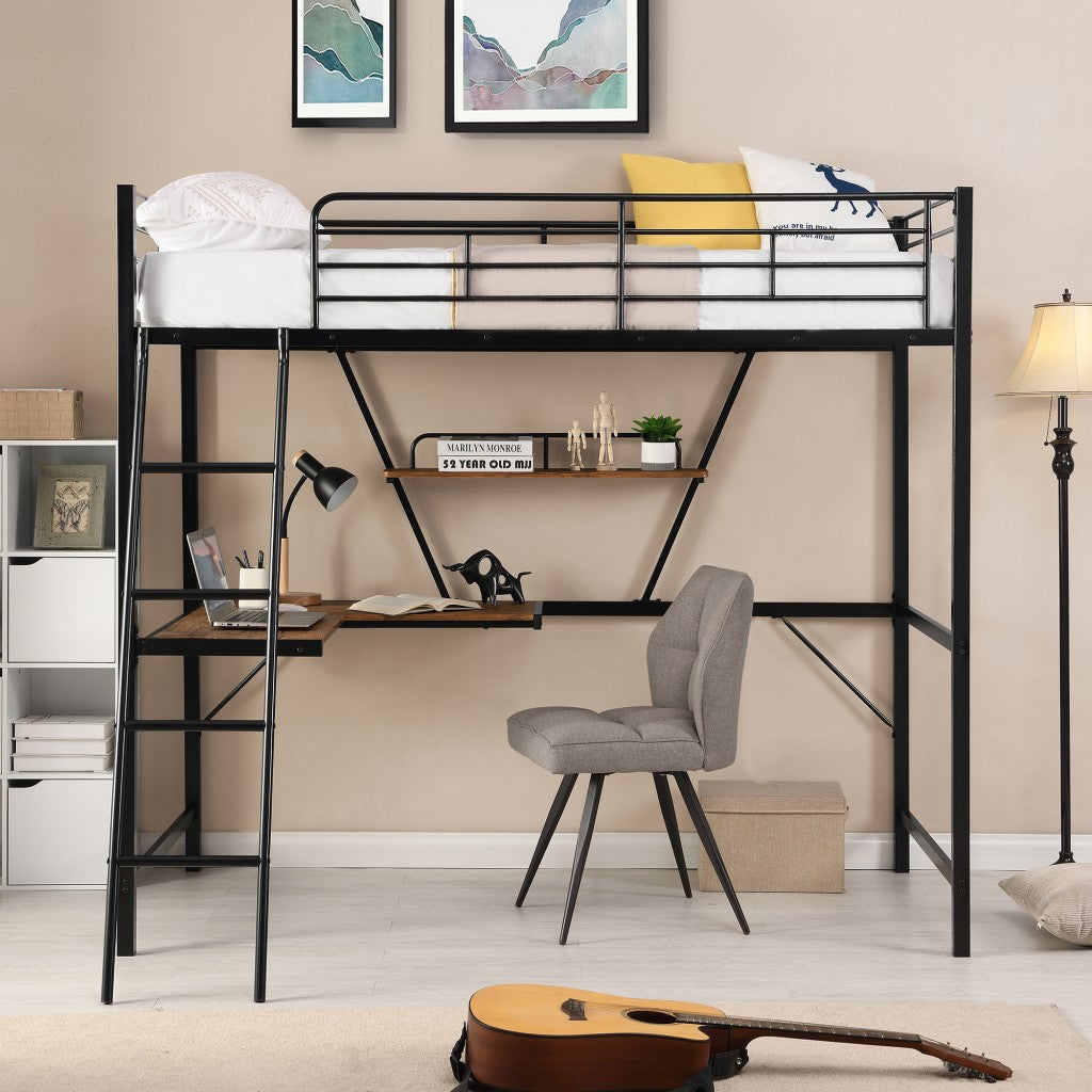 Black Metal Loft Bed with L Shaped Desk and Shelf