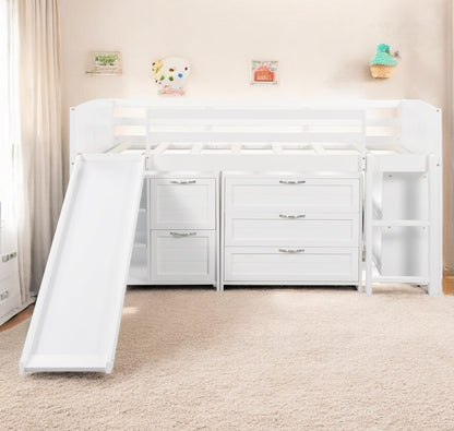 White Twin Size Low Loft Bed With Cabinets and Slide