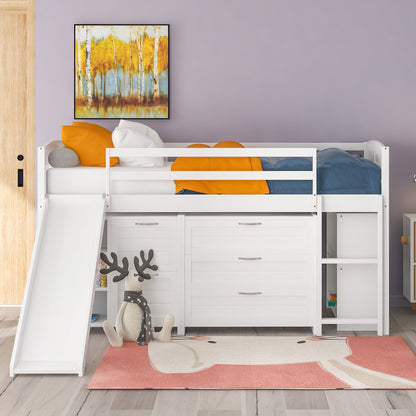 White Twin Size Low Loft Bed With Cabinets and Slide