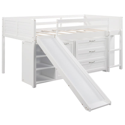 White Twin Size Low Loft Bed With Cabinets and Slide