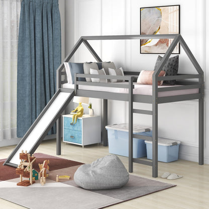 Gray Twin Size Slide House Loft Bed