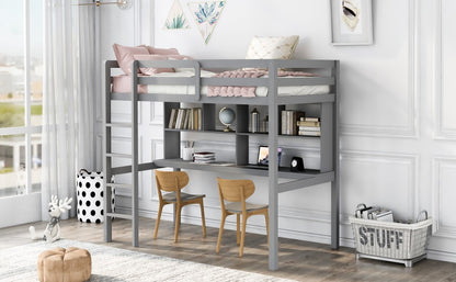 Gray Twin Loft Bed With Desk and Shelves