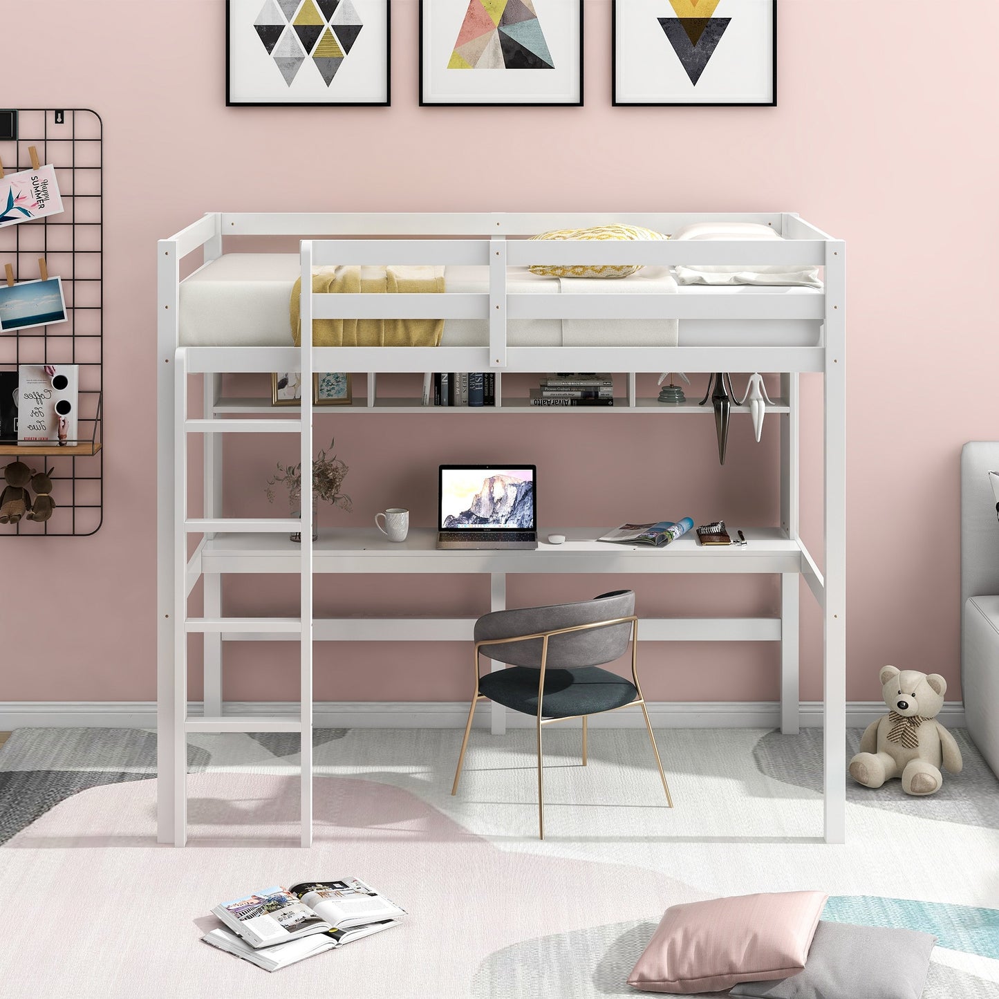 Minimalist White Twin Size Loft Bed with Built In Desk and Shelf