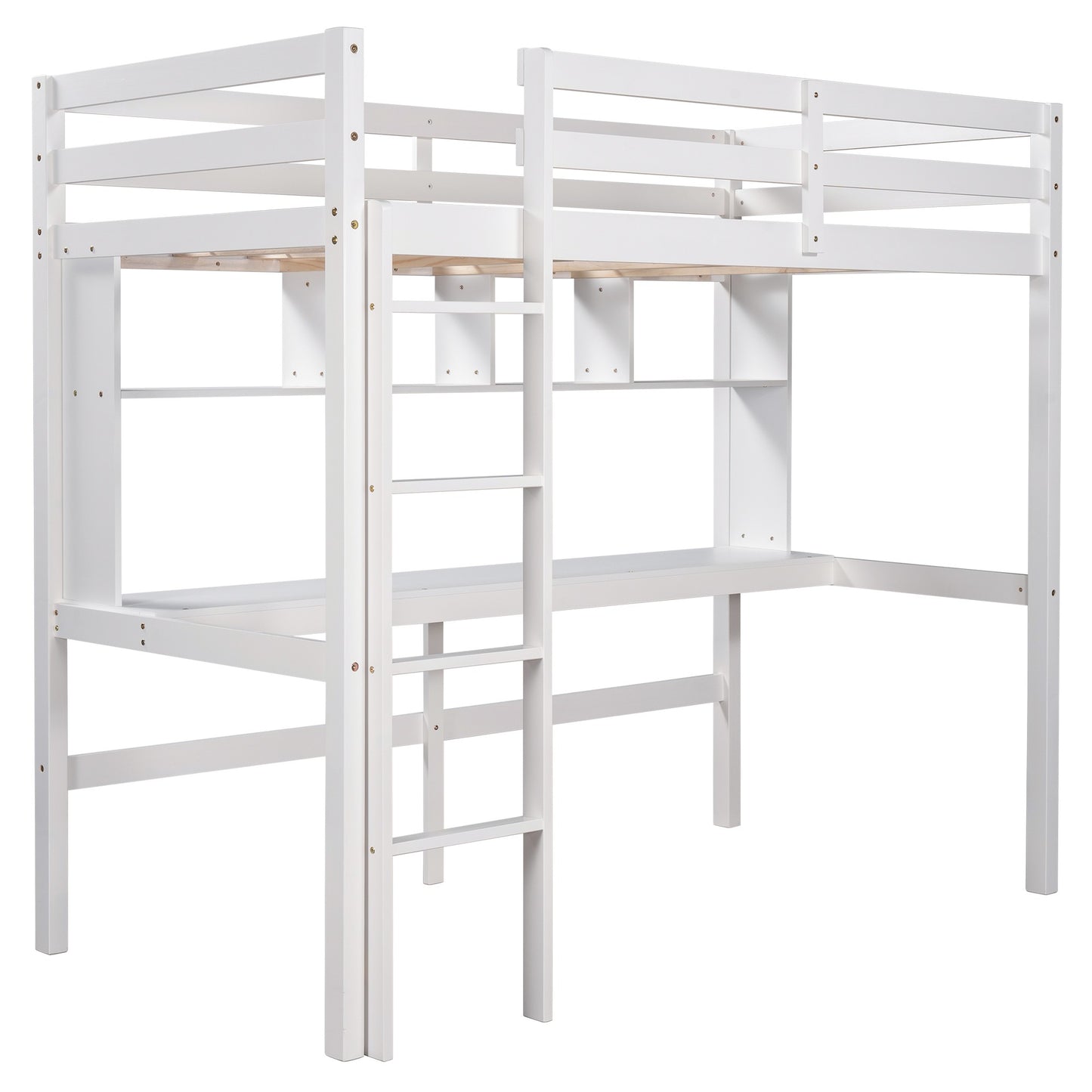 Minimalist White Twin Size Loft Bed with Built In Desk and Shelf