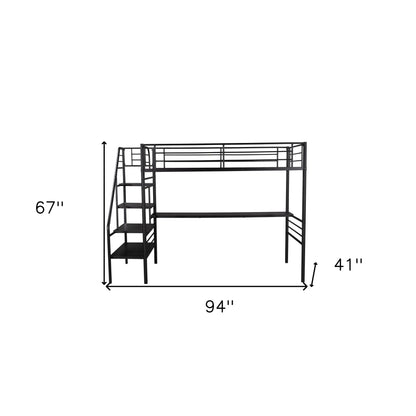 Mod Black Twin Size Metal Loft Bed with Desk and Stairs