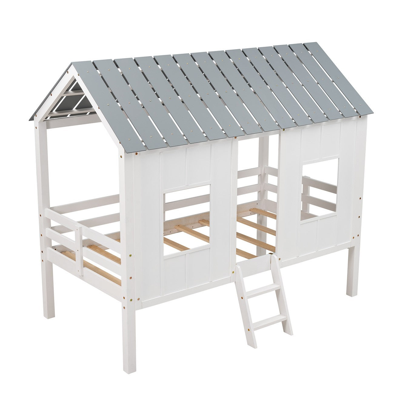 Playhouse with Windows and Roof White Twin Size Low Loft Bed