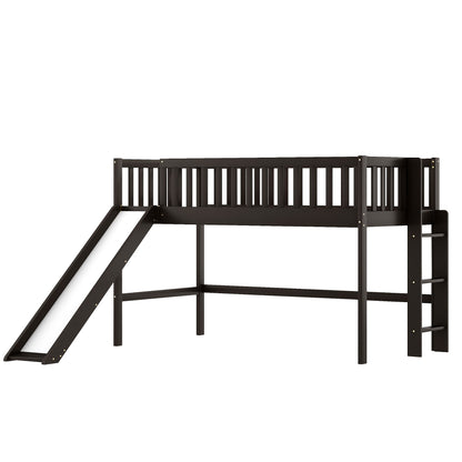 Dark Brown Twin Size Loft Bed with Slide