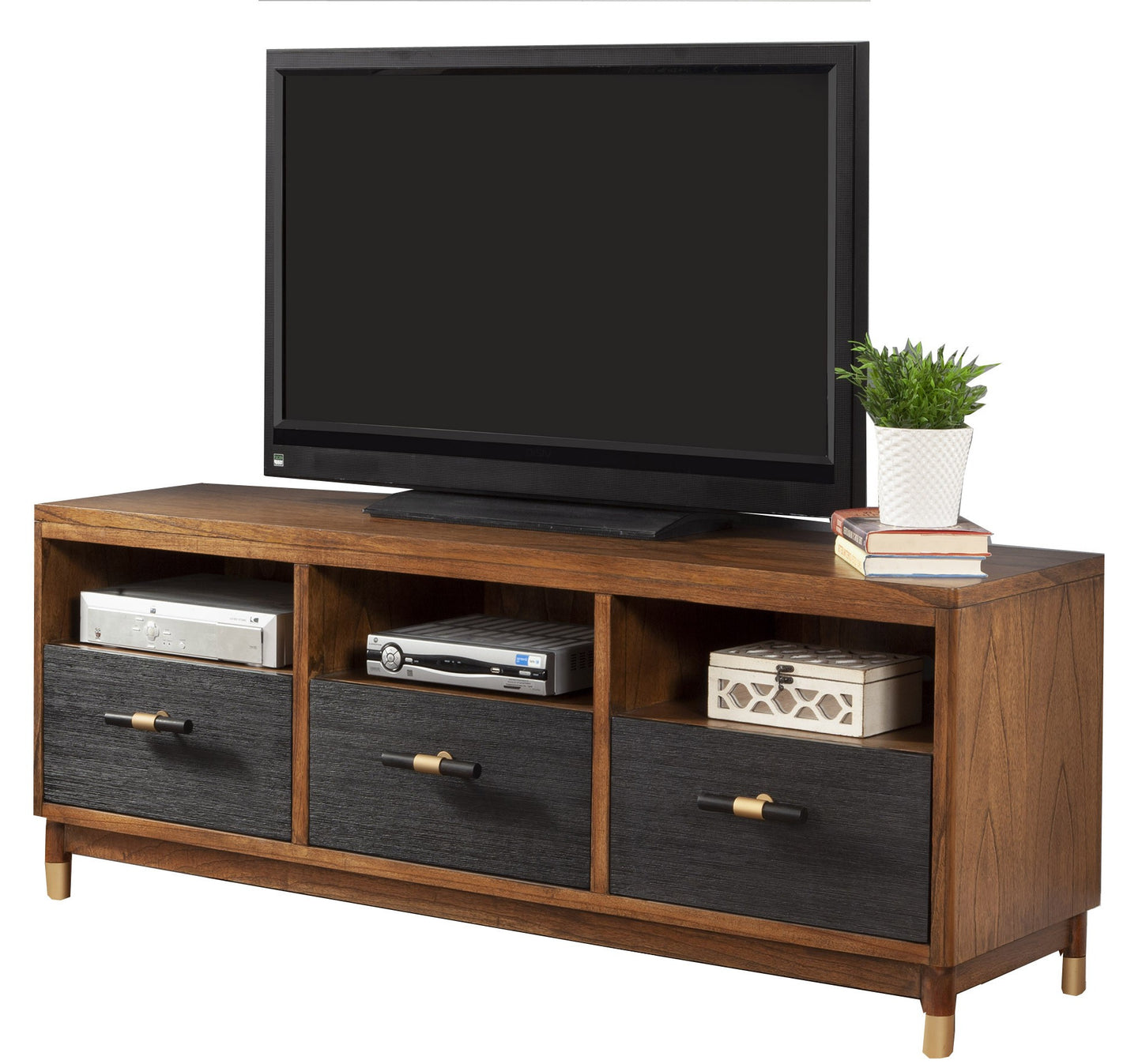 61" Brown and Black Solid Wood Open Shelving TV Stand