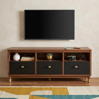 61" Brown and Black Solid Wood Open Shelving TV Stand