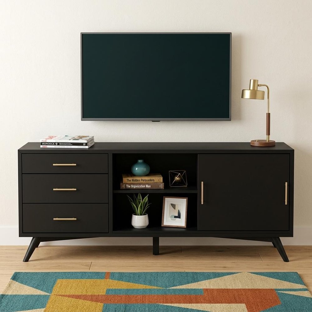 64" Black Mahogany Solid Wood Enclosed and Open Storage TV Stand