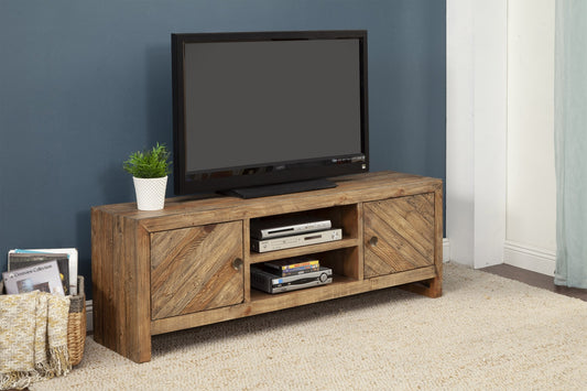 63" Wood Brown Reclaimed Pine And Plywood Open Shelving TV Stand