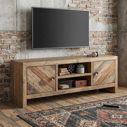 63" Wood Brown Reclaimed Pine And Plywood Open Shelving TV Stand