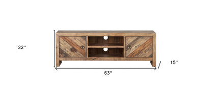 63" Wood Brown Reclaimed Pine And Plywood Open Shelving TV Stand