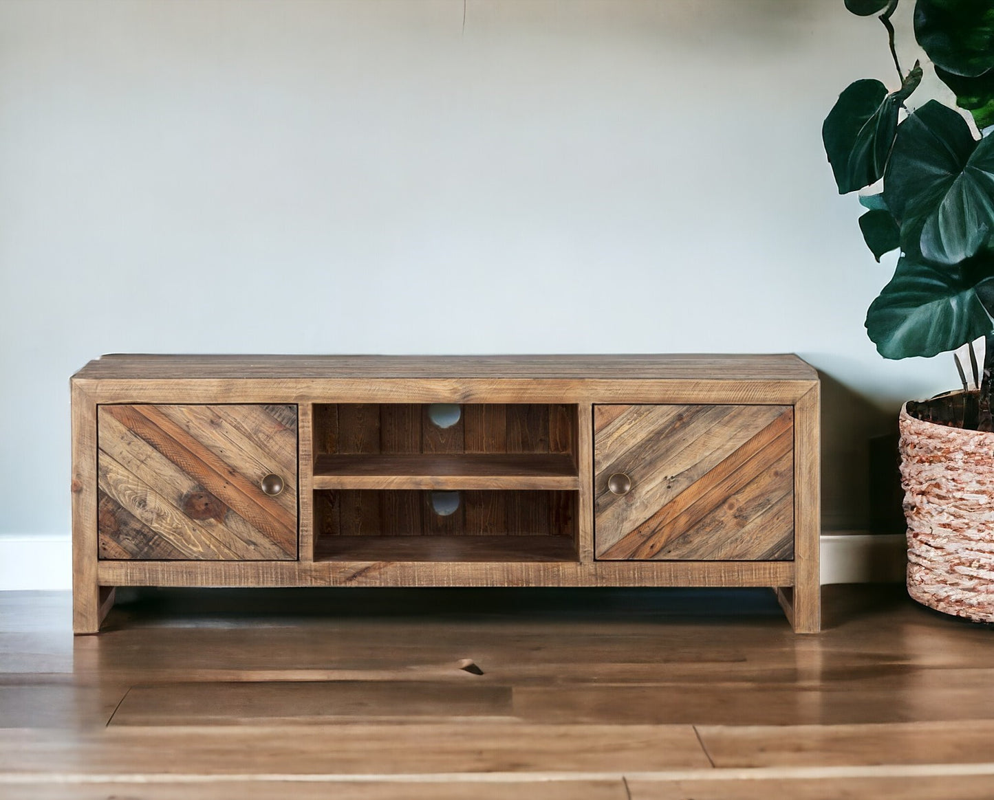 63" Wood Brown Reclaimed Pine And Plywood Open Shelving TV Stand