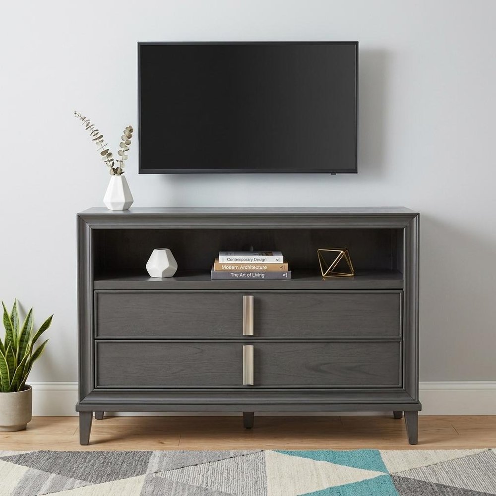 36" Gray Pine Poplar Solids With Mindy And Veneer Open Shelving TV Stand