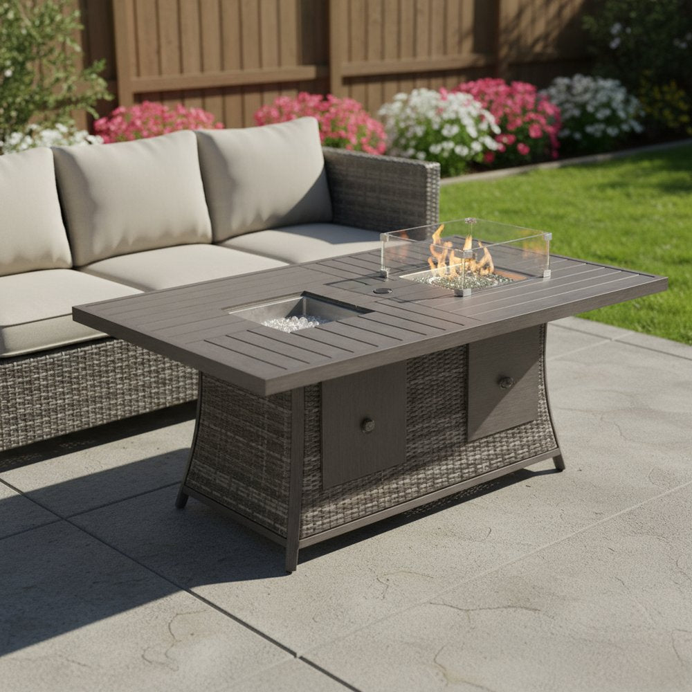 Gray Wicker Outdoor Gas Fire Pit Table with Ice Bucket