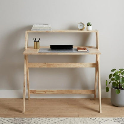 37" Natural Solid Wood Writing Desk With Shelf