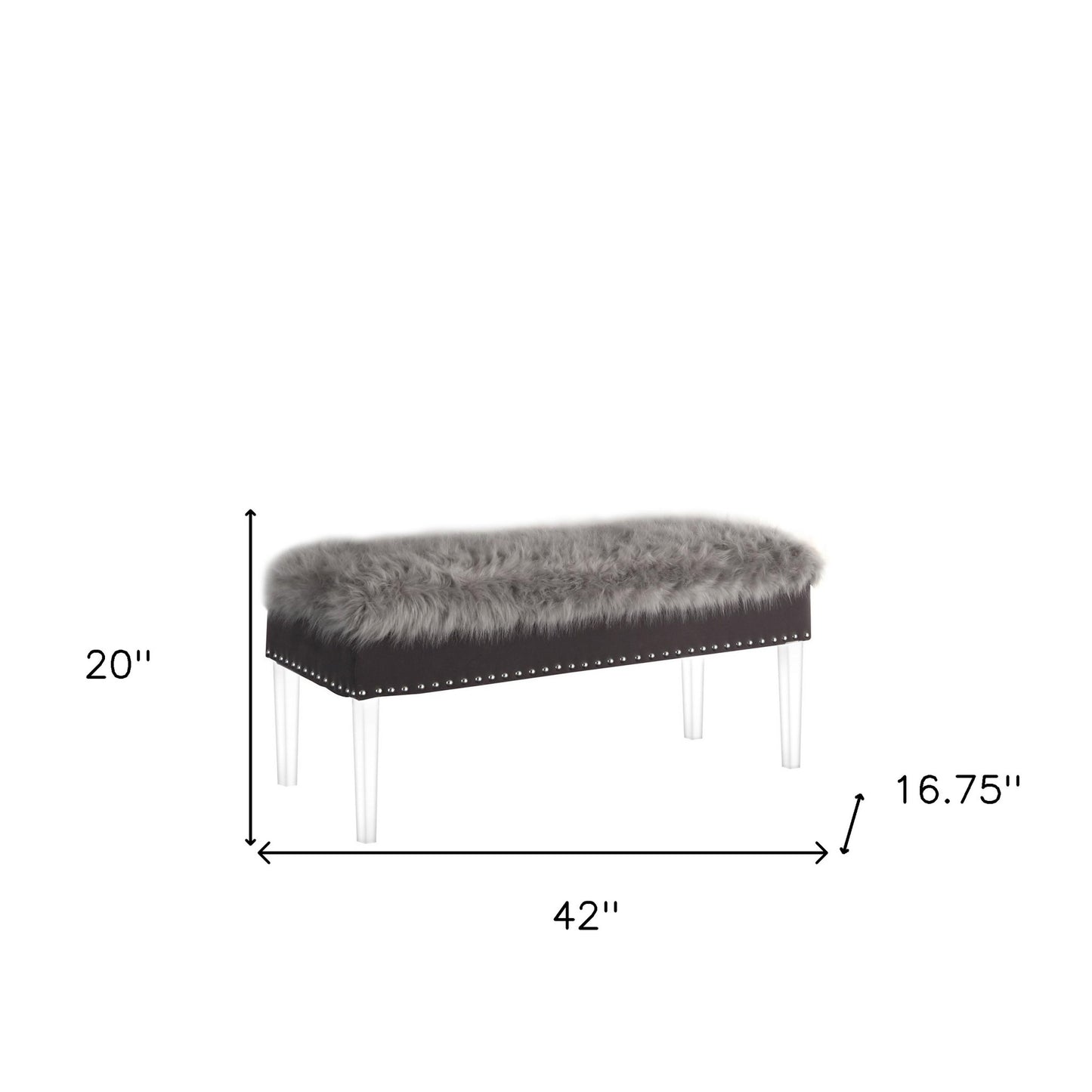 42" Gray and Clear Upholstered Faux Fur Bench with Flip top