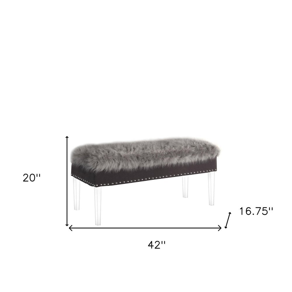 42" Gray And Clear Faux Fur And Acrylic Upholstered Storage Bench With Flip Top