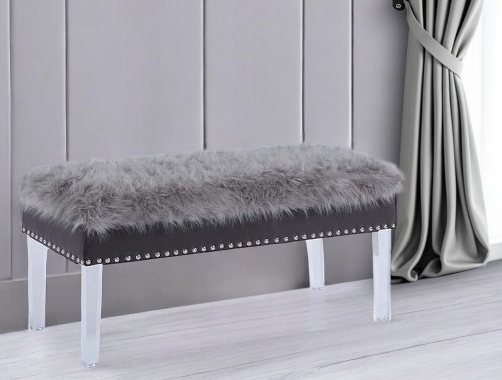 42" Gray And Clear Faux Fur And Acrylic Upholstered Storage Bench With Flip Top