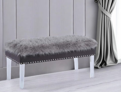 42" Gray And Clear Faux Fur And Acrylic Upholstered Storage Bench With Flip Top