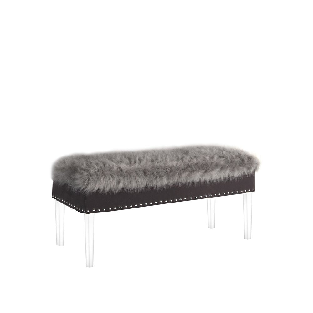 42" Gray And Clear Faux Fur And Acrylic Upholstered Storage Bench With Flip Top
