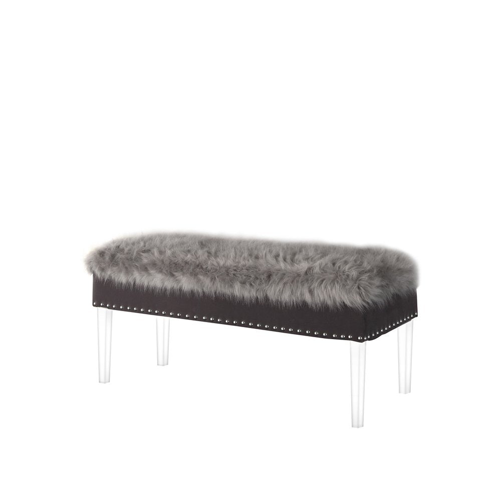 42" Gray And Clear Faux Fur And Acrylic Upholstered Storage Bench With Flip Top