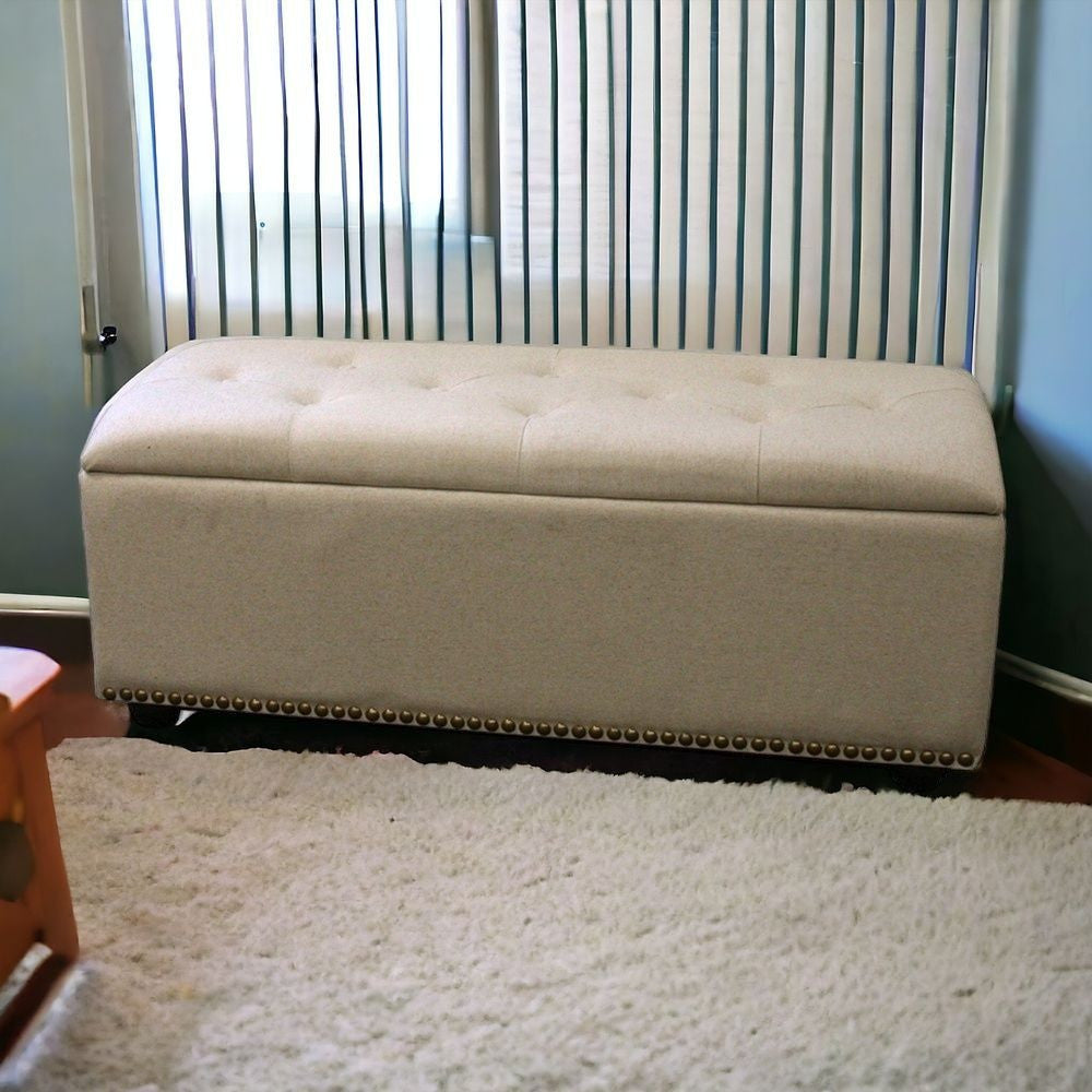 17" Beige and Black Upholstered Microfiber Bench with Flip top