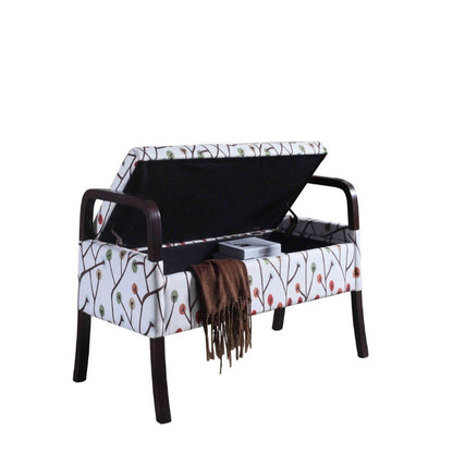 17" Red White And Espresso Floral Fabric And Solid Wood Upholstered Storage Entryway Stool With Flip Top
