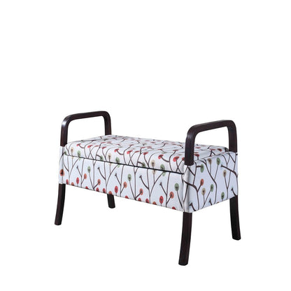 17" Red White And Espresso Floral Fabric And Solid Wood Upholstered Storage Entryway Stool With Flip Top