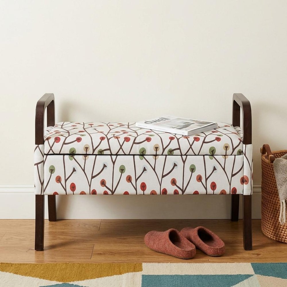 17" Red White And Espresso Floral Fabric And Solid Wood Upholstered Storage Entryway Stool With Flip Top