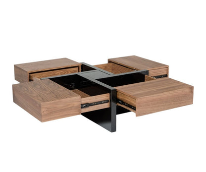 39" Brown and Black Wood Square Solid Coffee Table With Four Drawers