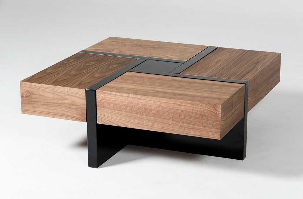 39" Brown and Black Wood Square Solid Coffee Table With Four Drawers