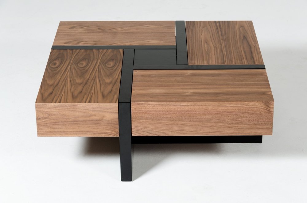 39" Brown and Black Wood Square Solid Coffee Table With Four Drawers