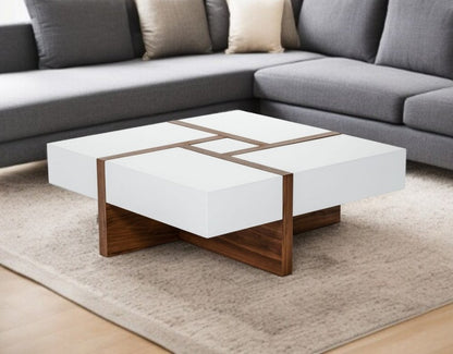 39" Brown and White Wood Square Solid Coffee Table With Four Drawers