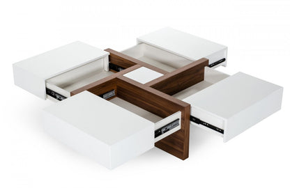 Modern White and Walnut Square Coffee Table with Storage