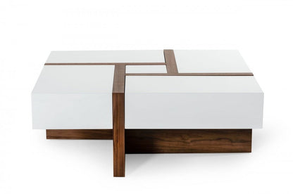 39" Brown and White Wood Square Solid Coffee Table With Four Drawers