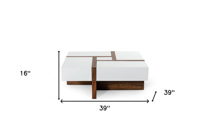 Modern White and Walnut Square Coffee Table with Storage