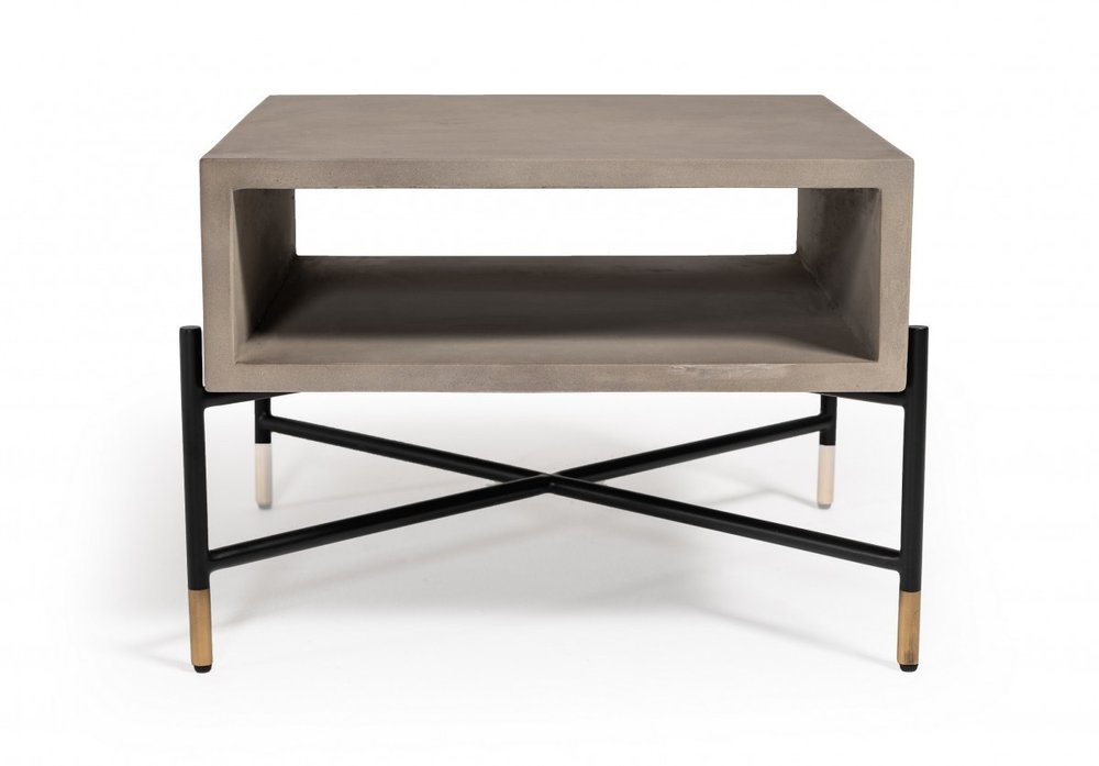 25" Gray and Black Concrete And Metal Square Coffee Table With Shelf