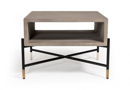25" Gray and Black Concrete And Metal Square Coffee Table With Shelf