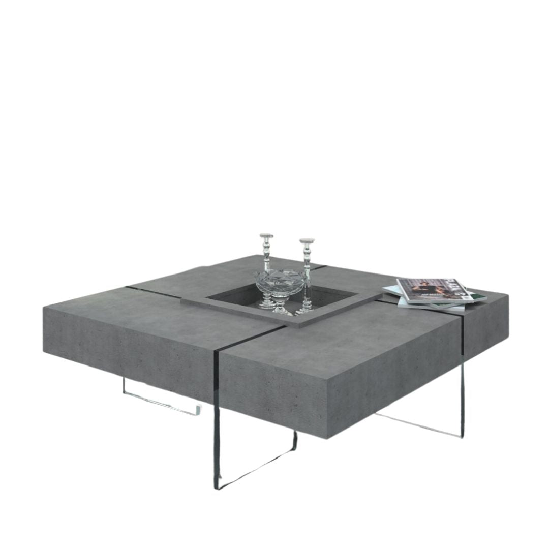 47" Gray And Clear Glass Square Coffee Table With Four Drawers