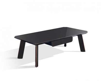 55" Ebony and Dark Brown Wood And Stainless Steel Coffee Table With Drawer